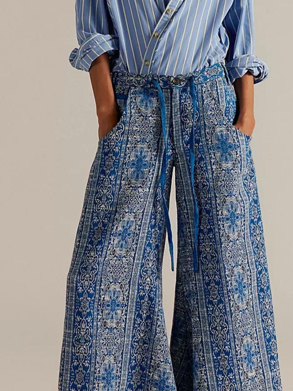 Free People Blue Dahlia  Wide-Leg Boho Pants, NWOT, Size 8